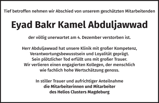 Traueranzeige von Eyad Bakr Kamel Abduljawwad von Volksstimme Zerbst