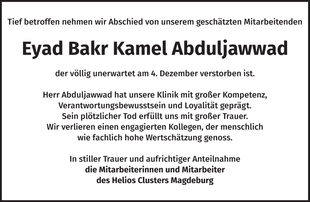  Traueranzeige für Eyad Bakr Kamel Abduljawwad vom 17.12.2025 aus Volksstimme Zerbst
