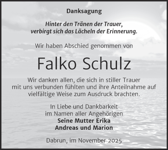 Traueranzeige von Falko Schulz von Trauerkombi Wittenberg