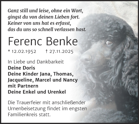 Traueranzeige von Ferenc Benke von Trauerkombi Sangerhausen