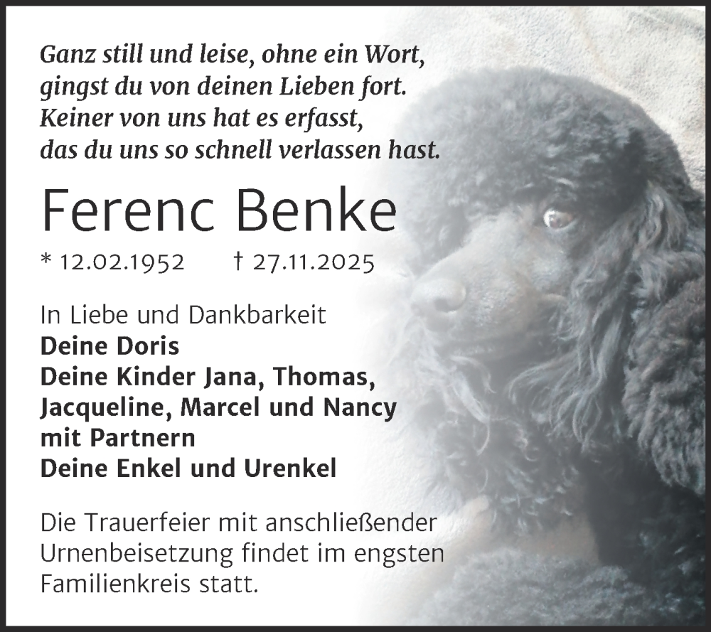  Traueranzeige für Ferenc Benke vom 06.12.2025 aus Trauerkombi Sangerhausen