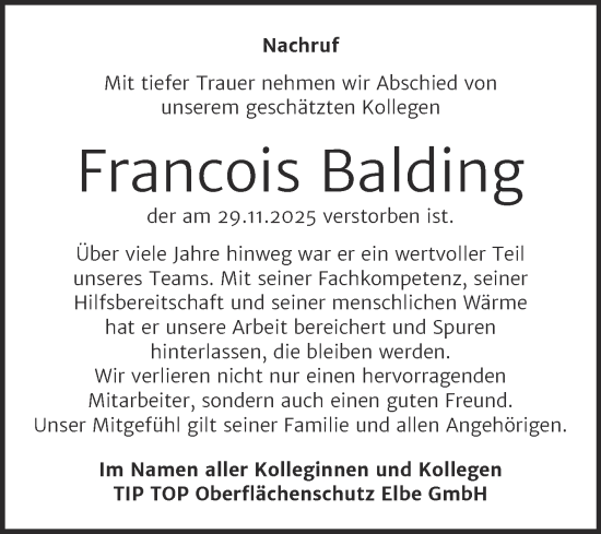 Traueranzeige von Francois Balding von Super Sonntag Wittenberg