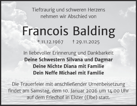 Traueranzeige von Francois Balding von Super Sonntag Wittenberg