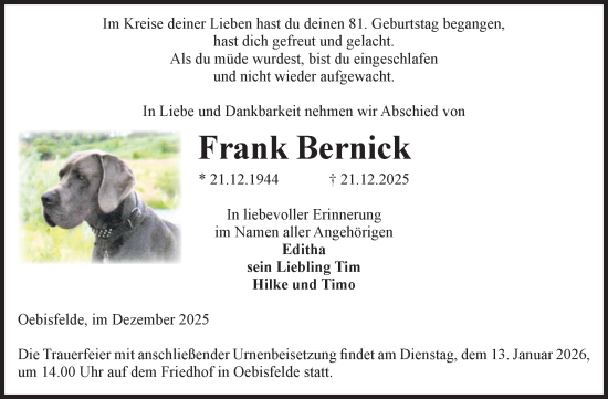 Traueranzeige von Frank Bernick von Volksstimme Altmark West