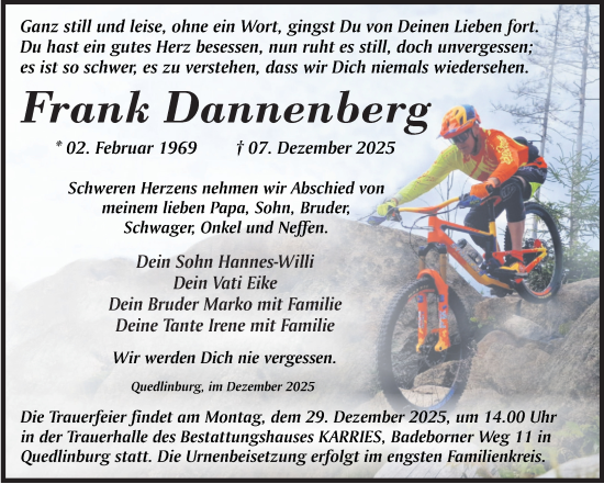 Traueranzeige von Frank Dannenberg von Trauerkombi Quedlinburg