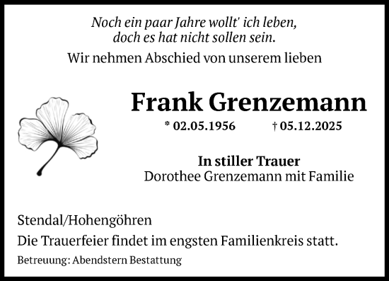 Traueranzeige von Frank Grenzemann von Volksstimme Altmark Ost