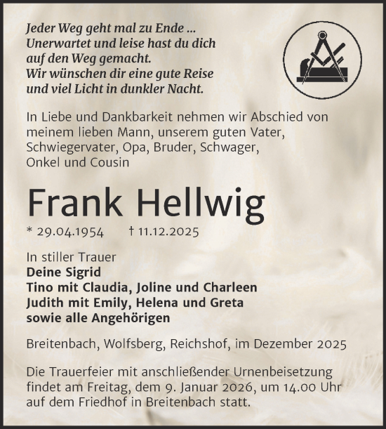 Traueranzeige von Frank Hellwig von Trauerkombi Sangerhausen