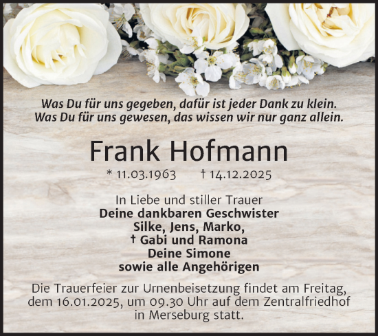 Traueranzeige von Frank Hofmann von Trauerkombi Merseburg