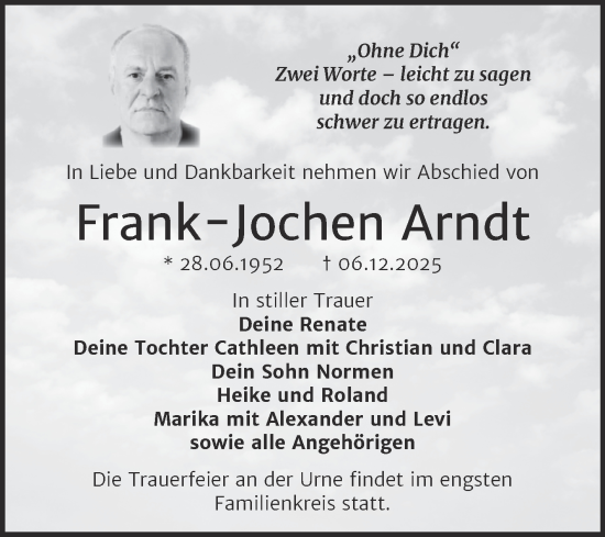 Traueranzeige von Frank-Jochen Arndt von Trauerkombi Wittenberg