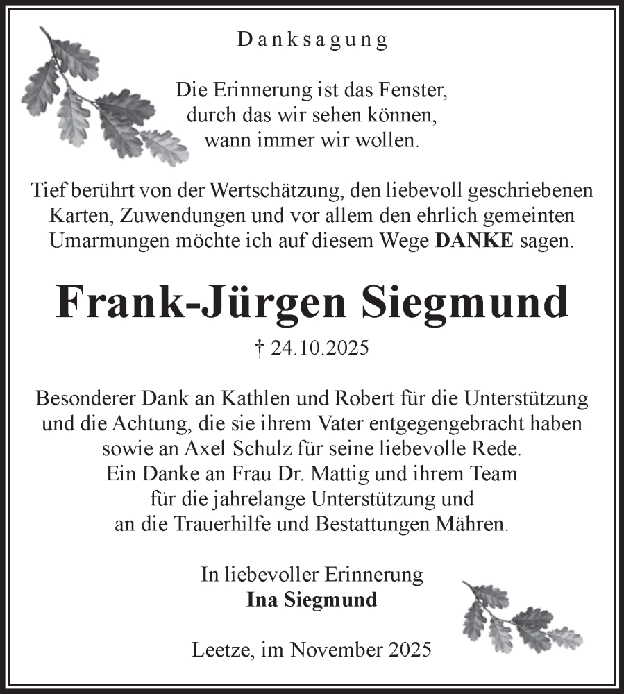  Traueranzeige für Frank-Jürgen Siegmund vom 29.11.2025 aus Volksstimme Altmark West