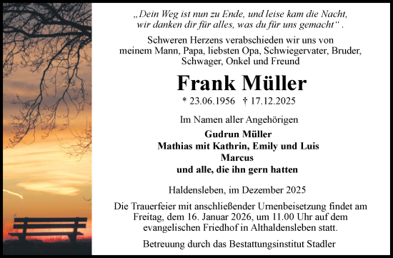 Traueranzeige von Frank Müller von Volksstimme Haldensleben/Wolmirstedt