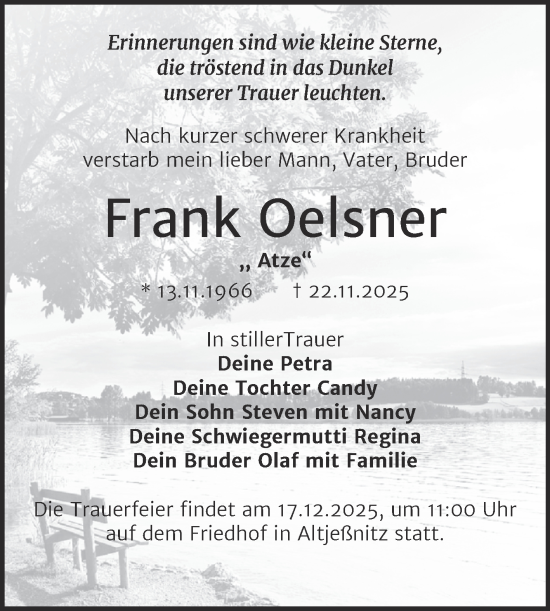 Traueranzeige von Frank Oelsner von Trauerkombi Bitterfeld