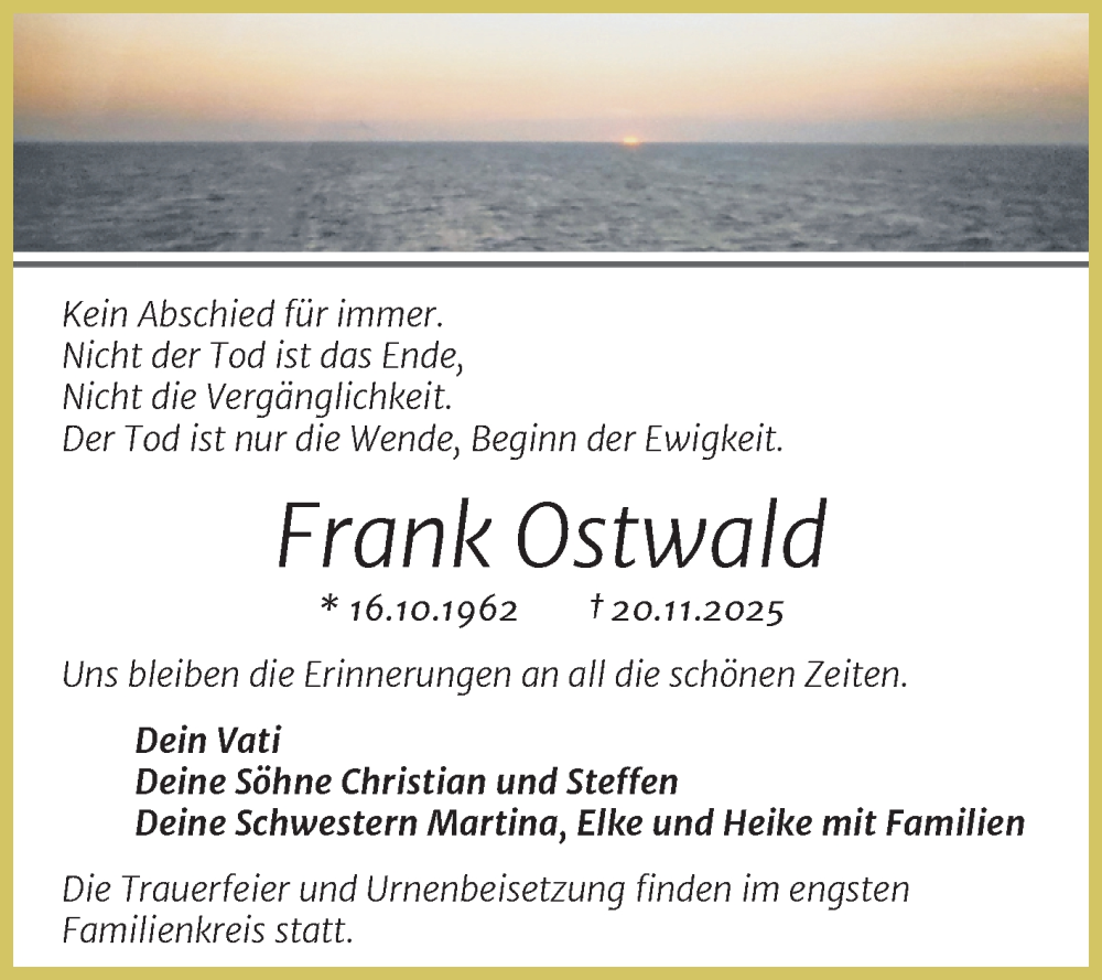  Traueranzeige für Frank Ostwald vom 06.12.2025 aus Trauerkombi Sangerhausen