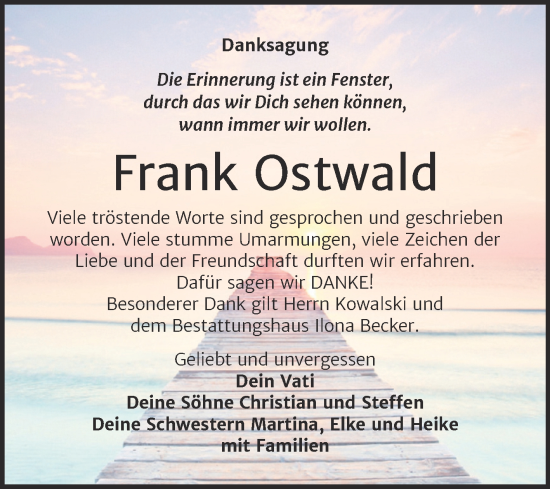 Traueranzeige von Frank Ostwald von Trauerkombi Sangerhausen