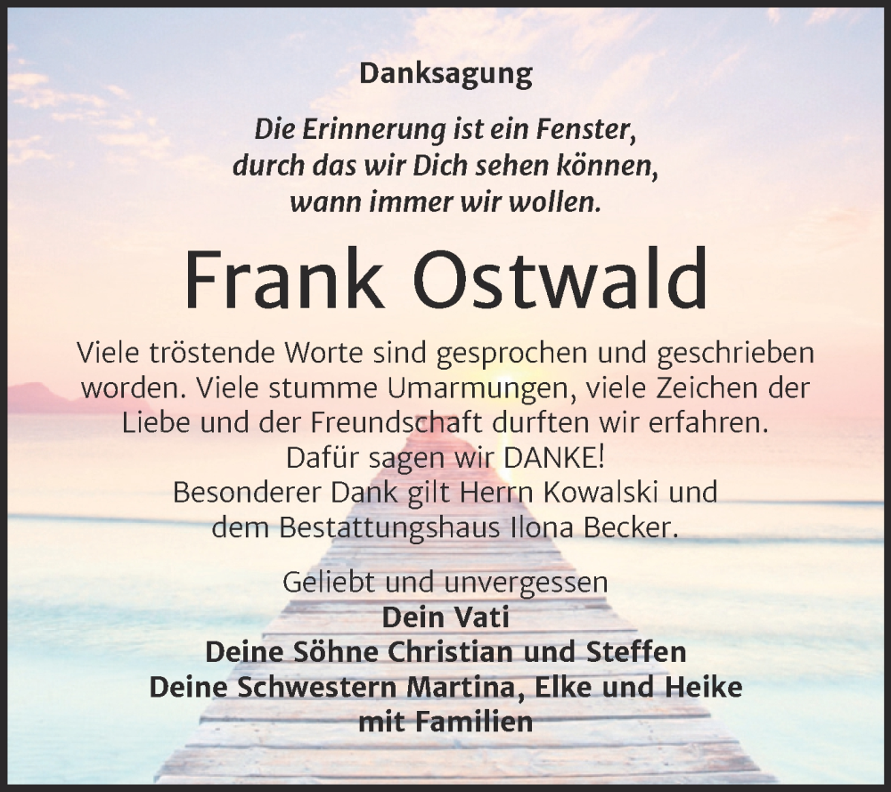  Traueranzeige für Frank Ostwald vom 27.12.2025 aus Trauerkombi Sangerhausen