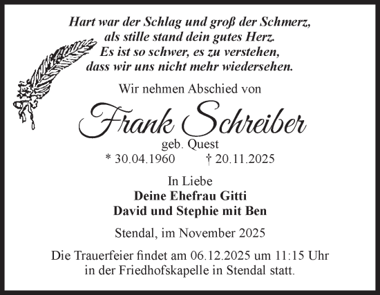 Traueranzeige von Frank Schreiber von Volksstimme Altmark Ost