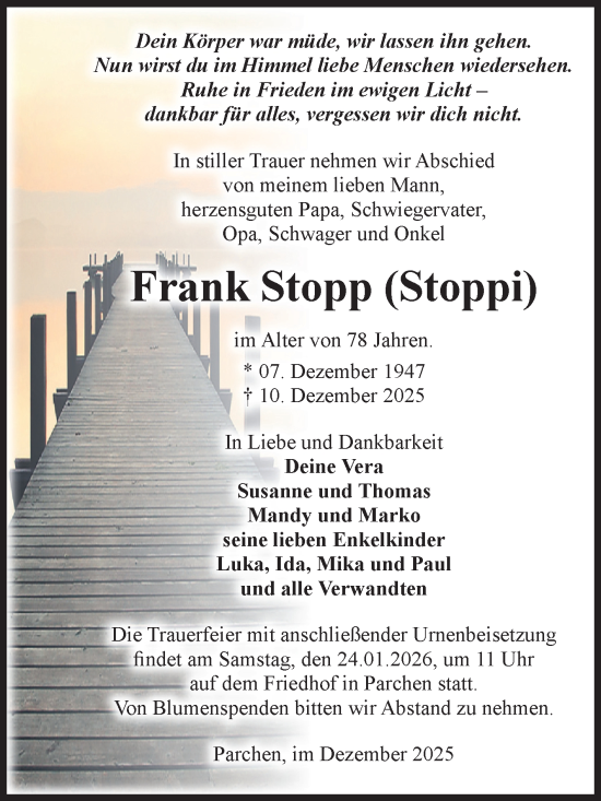 Traueranzeige von Frank Stopp von Volksstimme Burg/Genthin