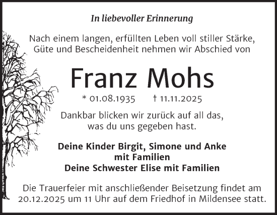 Traueranzeige von Franz Mohs von Trauerkombi Dessau