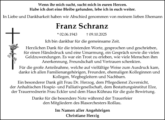 Traueranzeige von Franz Schranz von Trauerkombi Dessau