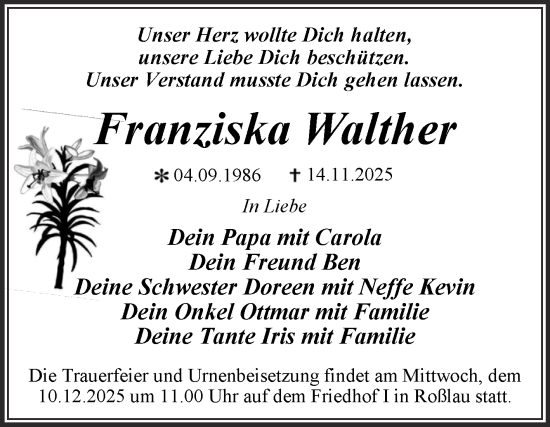 Traueranzeige von Franziska Walther von Trauerkombi Dessau