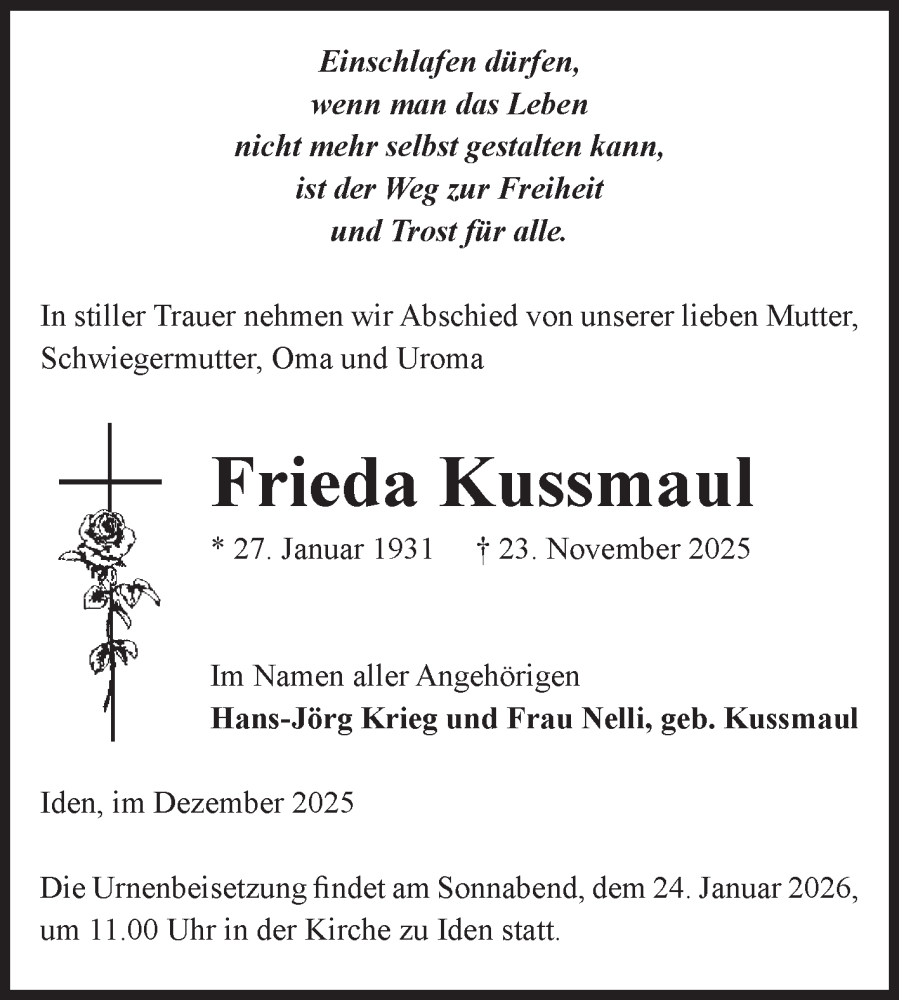  Traueranzeige für Frieda Kussmaul vom 06.12.2025 aus Volksstimme Altmark Ost