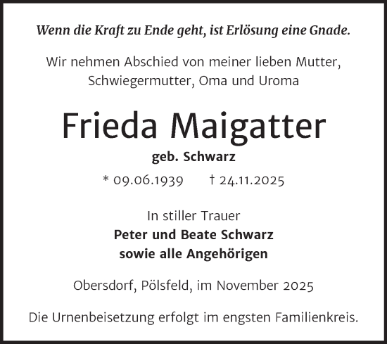 Traueranzeige von Frieda Maigatter von Trauerkombi Sangerhausen