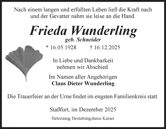 Traueranzeige von Frieda Wunderling von Volksstimme Staßfurt