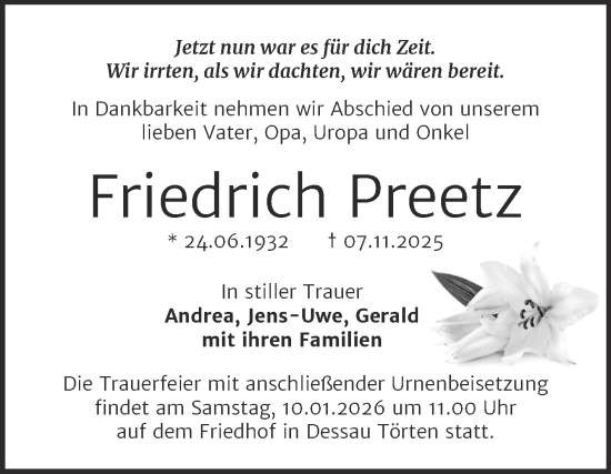 Traueranzeige von Friedrich Preetz von Trauerkombi Dessau