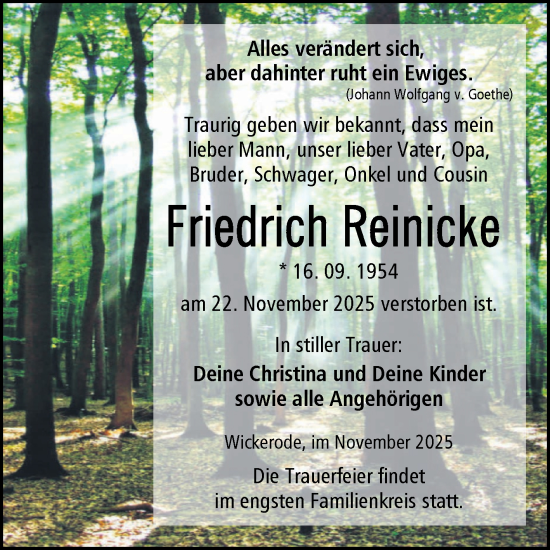 Traueranzeige von Friedrich Reinicke von Trauerkombi Sangerhausen