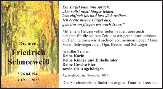 Traueranzeige von Friedrich Schneeweiß von Trauerkombi Aschersleben