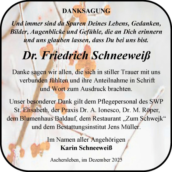 Traueranzeige von Friedrich Schneeweiß von Trauerkombi Aschersleben