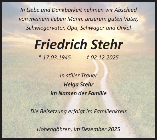 Traueranzeige von Friedrich Stehr von Volksstimme Altmark Ost