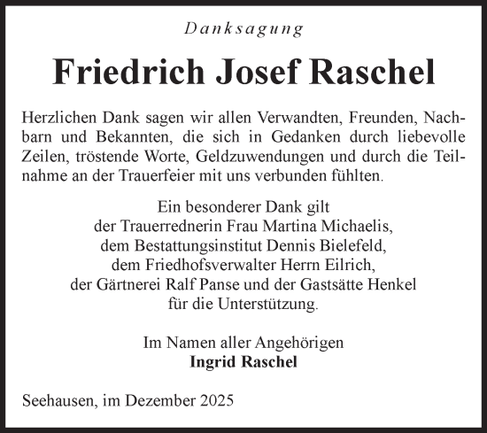 Traueranzeige von Friedrich Josef Raschel von Volksstimme Altmark Ost
