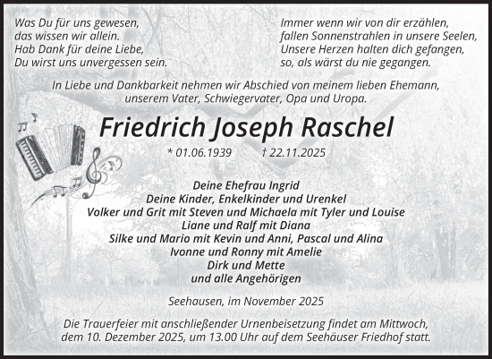 Traueranzeige von Friedrich Joseph Raschel von Volksstimme Altmark Ost