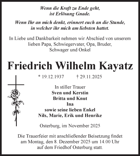 Traueranzeige von Friedrich Wilhelm Kayatz von Volksstimme Altmark Ost