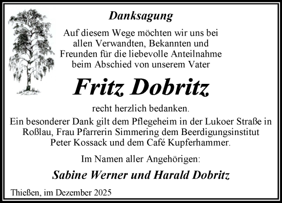 Traueranzeige von Fritz Dobritz von Trauerkombi Wittenberg