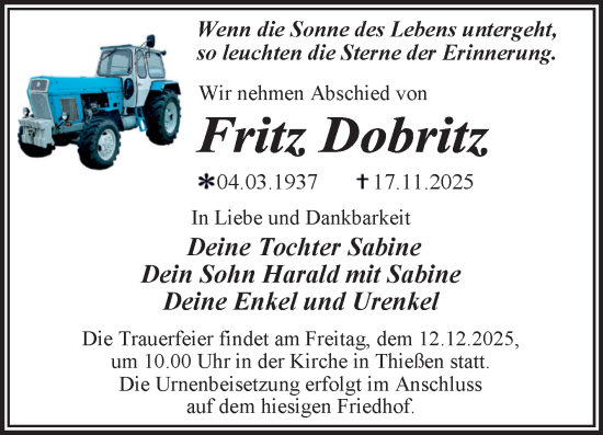 Traueranzeige von Fritz Dobritz von Trauerkombi Wittenberg