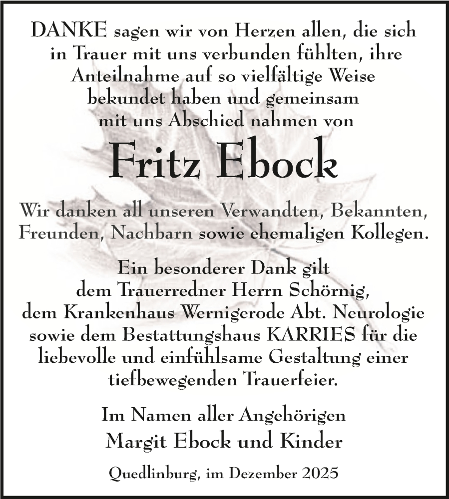  Traueranzeige für Fritz Ebock vom 06.12.2025 aus Trauerkombi Quedlinburg