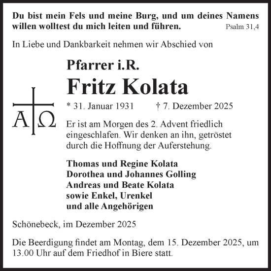 Traueranzeige von Fritz Kolata von Volksstimme Schönebeck