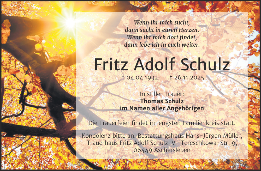  Traueranzeige für Fritz Adolf Schulz vom 06.12.2025 aus Trauerkombi Aschersleben