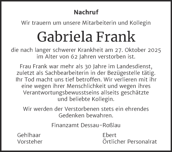 Traueranzeige von Gabriela Frank von Mitteldeutsche Zeitung Köthen