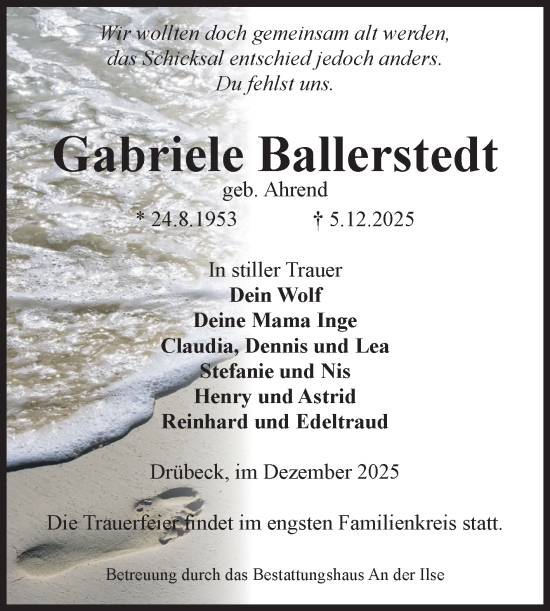 Traueranzeige von Gabriele Ballerstedt von Volksstimme Wernigerode