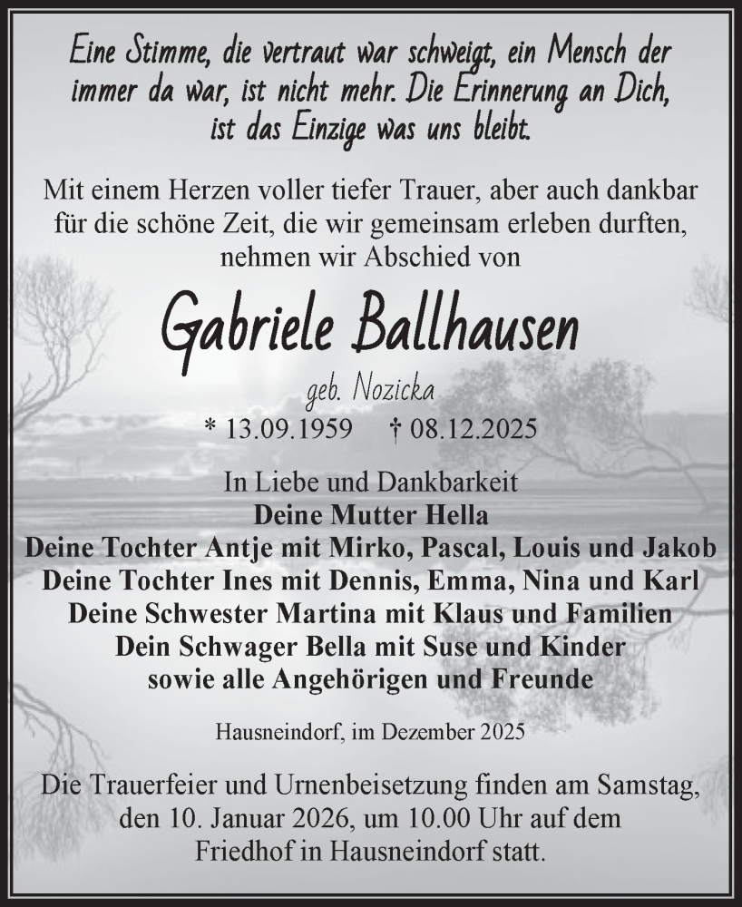  Traueranzeige für Gabriele Ballhausen vom 20.12.2025 aus Trauerkombi Quedlinburg