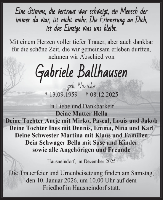 Traueranzeige von Gabriele Ballhausen von Trauerkombi Quedlinburg