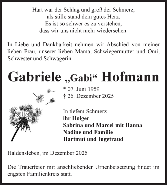Traueranzeige von Gabriele Hofmann von Volksstimme Haldensleben/Wolmirstedt