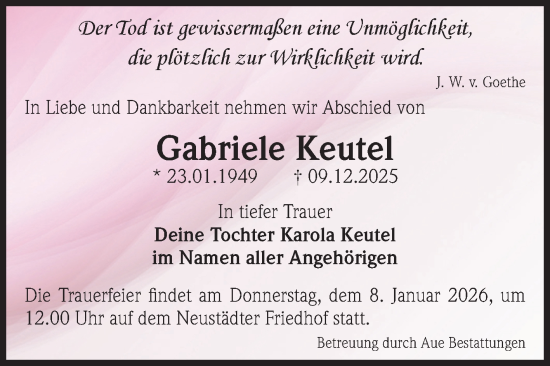 Traueranzeige von Gabriele Keutel von Volksstimme Magdeburg