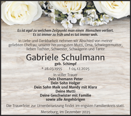 Traueranzeige von Gabriele Schulmann von Trauerkombi Merseburg