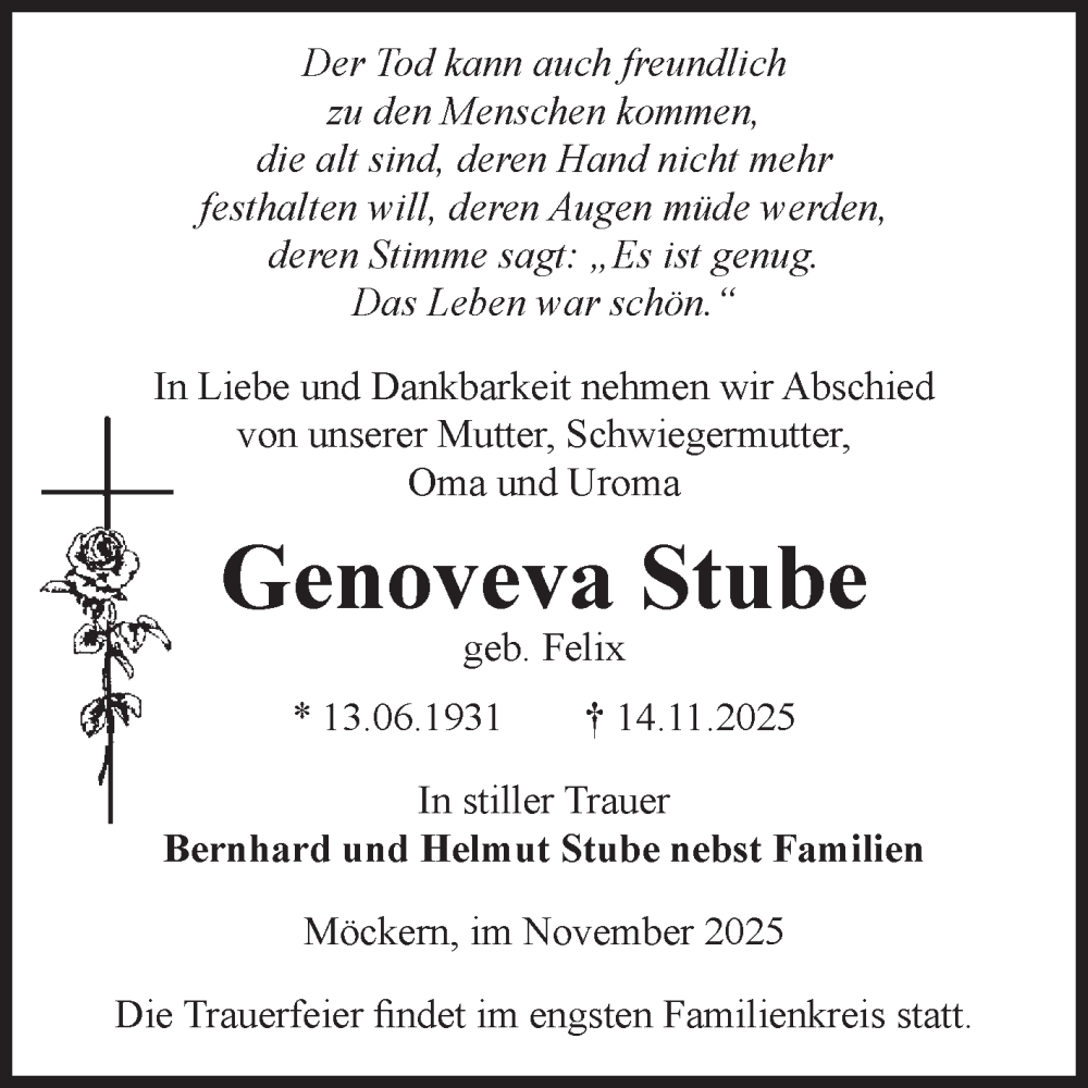  Traueranzeige für Genoveva Stube vom 29.11.2025 aus Volksstimme Burg/Genthin