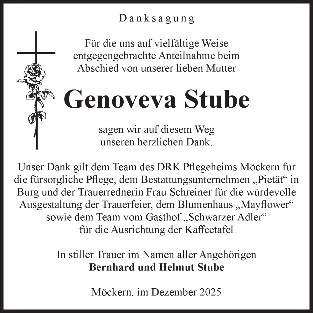  Traueranzeige für Genoveva Stube vom 13.12.2025 aus Volksstimme Burg/Genthin