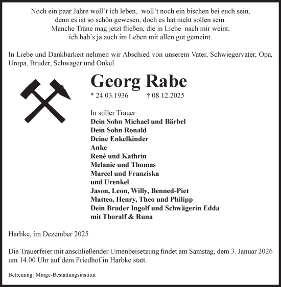 Traueranzeige von Georg Rabe von Volksstimme Oschersleben/Wanzleben